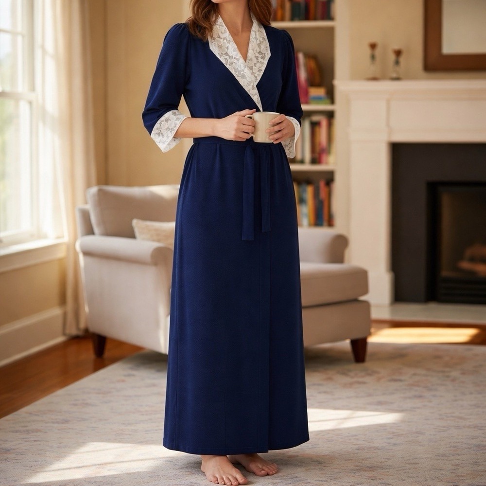 VTG 70s Vanity Fair Navy Lace Trim Robe Dress USA M Belted Cottagecore Housecoat